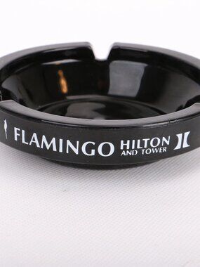 FLAMINGO HILTON AND TOWER Black Glass Ashtray Vintage